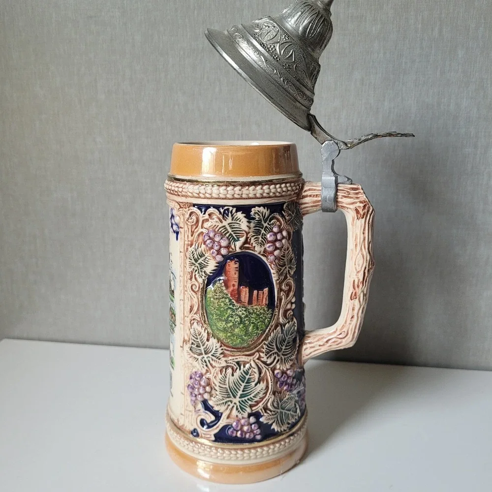 Vintage Thewalt German Beer Stein Lidded Der Rhein Map Castle Relief Handpainted